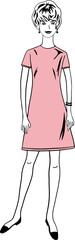 Vector fashion image young woman in retro vintage dress, silhouette with fillings can be edited