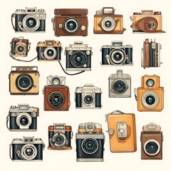 Vintage Cameras: Illustrations of vintage cameras arranged in a stylish collage