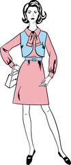 Vector fashion image young woman in retro vintage dress, with bag, silhouette with fillings can be edited