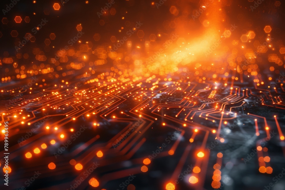 Poster a vibrant close-up of a circuit board with illuminated bokeh effects representing the flow of data a