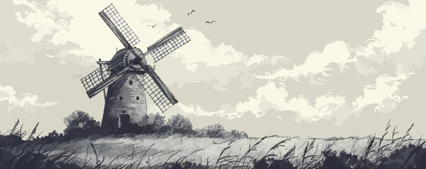 Hand drawn illustration of an old windmill. vector simple illustration