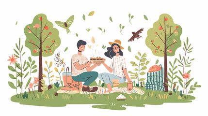 Young happy couple having picnic in the forest. vector