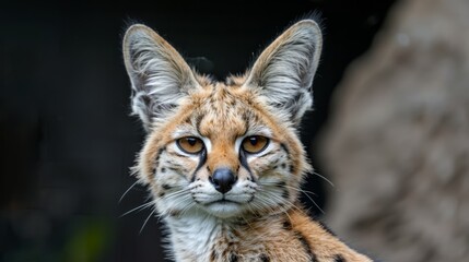 Obraz premium A tight shot of a small animal featuring a black-and-white facial stripe against a backdrop of a nearby rock