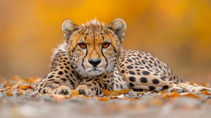   A tight shot of a cheetah atop a mound of leaves, gazing into the camera - obrazy, fototapety, plakaty