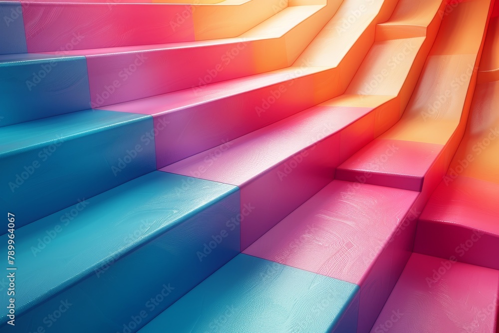 Poster this digitally rendered image showcases a staircase with vibrant colors and strong geometric shapes,