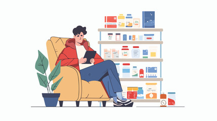 Young illustration man with fever ordering medicines online fr