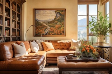 Leather Sofa Glory: Sun-Drenched Tuscany Living Room Bliss with Cozy Seating