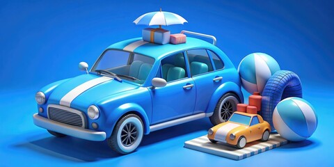 blue car with luggage and beach accessories on blue background. summer travel concept 3d render