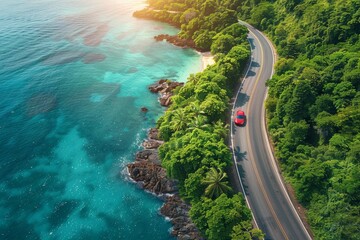 Stunning top-view image of a vibrant red car on a serpentine road surrounded by a lush tropical forest and clear azure waters