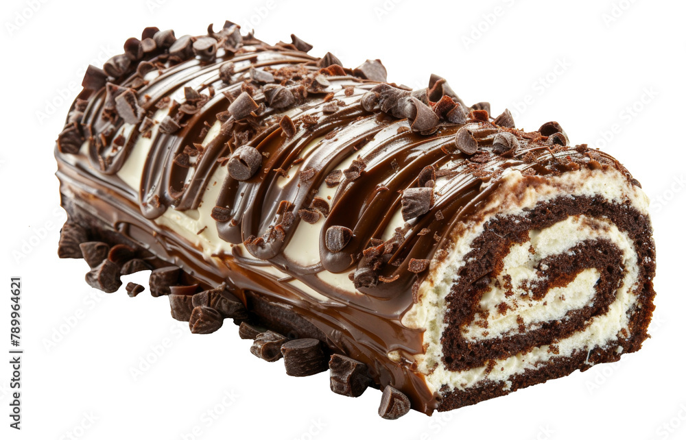Poster chocolate and vanilla swirl roll cake with toppings isolated on transparent background