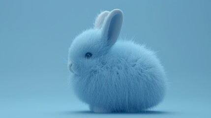   A fluffy, blue rabbit sits in a light blue room The wall behind it is also light blue