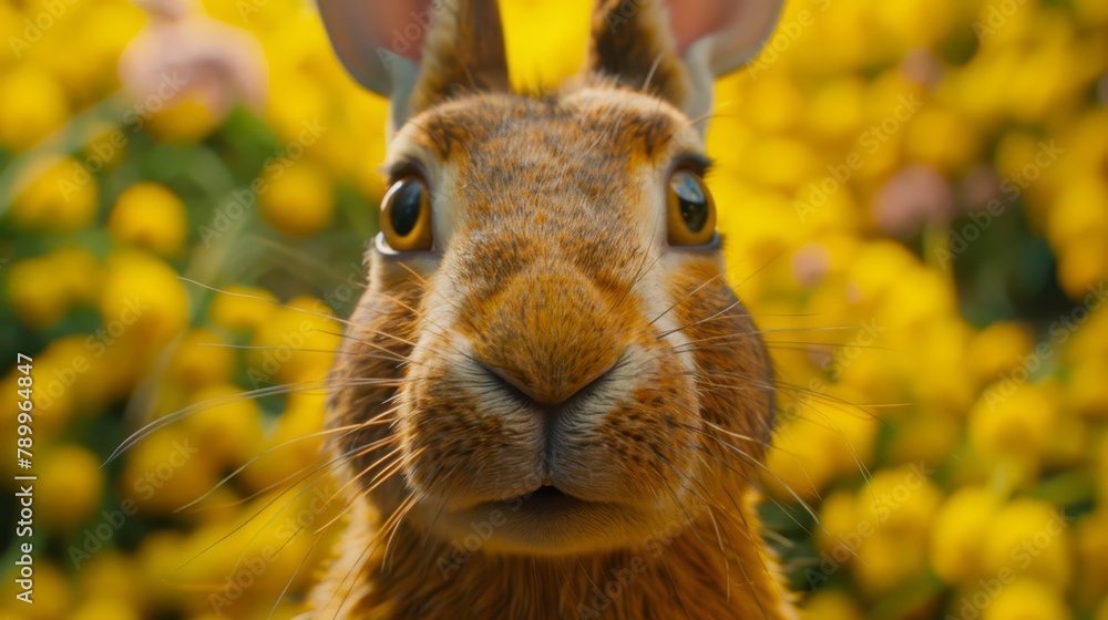 Wall mural   A tight shot of a rabbit's face, situated in front of a blooming field filled with yellow flowers