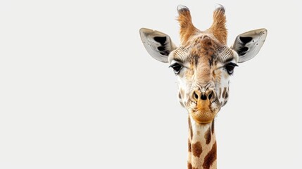   A tight shot of a giraffe's face against a backdrop of white clouds in the sky
