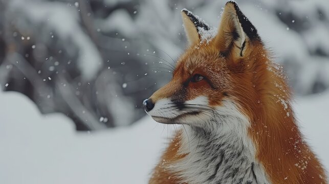   A tight shot of a fox in the snow, its fur speckled with snowflakes Trees loom in the backdrop