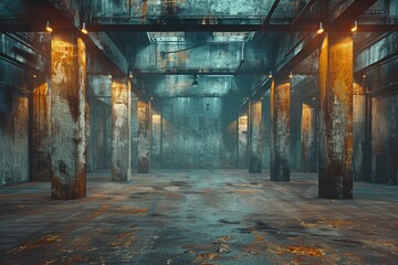 This image showcases an expansive industrial interior with aged, corroded pillars and warm ambient lighting - obrazy, fototapety, plakaty