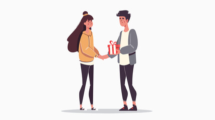 Young man gives a gift to a young woman. Vector flat