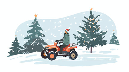 Young man riding atv with christmas tree. Winter fore