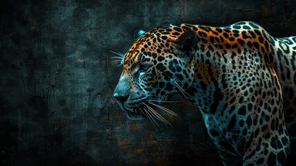   A tight shot of a cheetah against a grungy backdrop featuring a black wall behind it