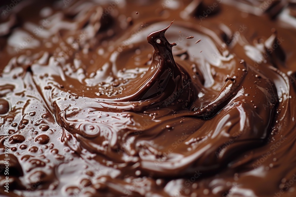Poster macro shot of chocolate with a dynamic wave and droplets, illustrating richness and texture