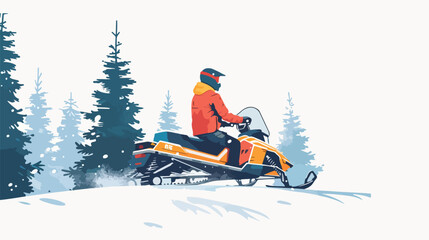 Young man riding Snowmobile isolated. Winter forest 