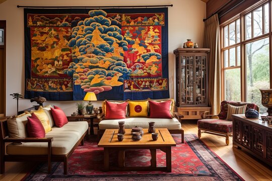 Vibrant Colors: Traditional Tibetan Living Room Designs with Wall Tapestries