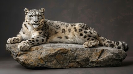   A snow leopard atop a rock before a dark backdrop, against a cement slab - obrazy, fototapety, plakaty