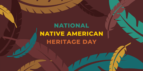 Native american heritage day greeting. Vector banner, poster, card, content for social media with the text Native american heritage day. Brown background with feathers.