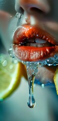 Woman mouth with lemon and water drops on it.