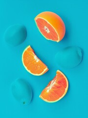 Orange, lime and grapefruit on blue background. Flat lay, top view.