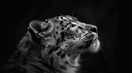   A black-and-white image of a snow leopard's closed-eye gaze towards the sky