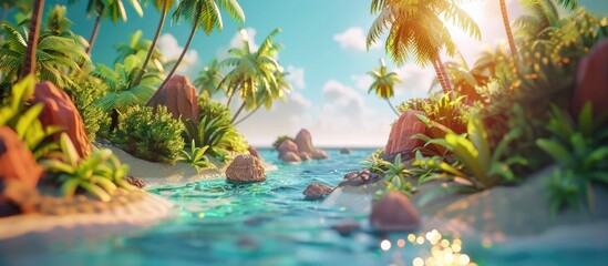 Fototapeta na wymiar Lush Tropical Island Oasis with Captivating Coastal Scenery and Mesmerizing Gradient Backdrop