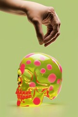 Human hand reaches for human skull on green background. 3d illustration.