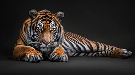   A tight shot of a tiger reclining on black, one paw touching the ground, the other lifted - obrazy, fototapety, plakaty