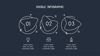 Doodle infographic elements with 3 options. Template for web on a dark background.