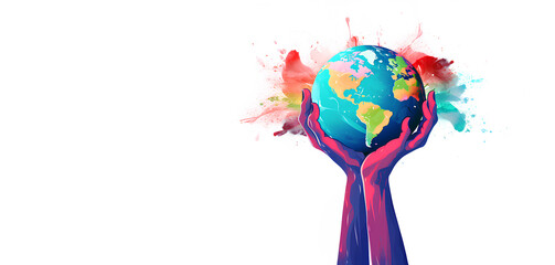 Hands holding Globe. Watercolor illustration of enviroment saving day. 16:9
