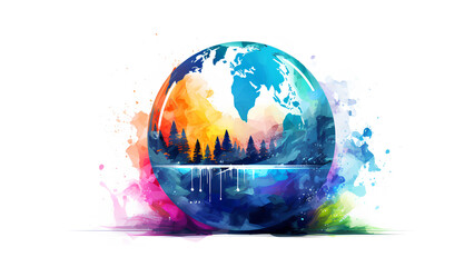 Colorful globe watercolor illustration. Environment save. Earth day. Save a planet. World tour