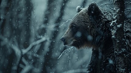   A large brown bear stands beside a snow-covered tree in a forest, its face dusted with snow