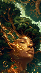 Fantasy illustration of  technological oak tree and human fusion, digital art illustration in gold and emerald colors.
