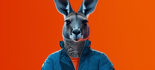 kangaroo in a sports suit on an orange background. generative ai