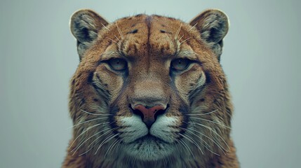   A tight shot of a mountain lion's face against a light blue backdrop - obrazy, fototapety, plakaty