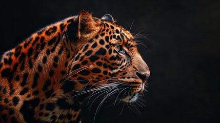   A leopard's face, closely framed, against a black backdrop Background softly blurred