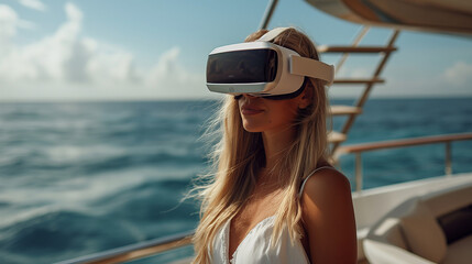 woman at vacantion relaxing at yacht , in opean sea, using virtual reality googles  - obrazy, fototapety, plakaty