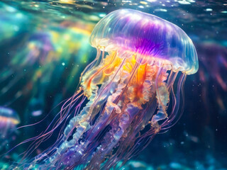 Glowing jellyfish swim deep in the rainbow sea. - obrazy, fototapety, plakaty