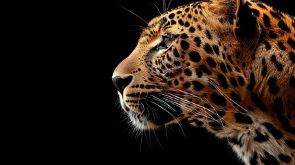 Fototapeta premium A tight shot of a leopard's head against a black backdrop, displaying just its visage