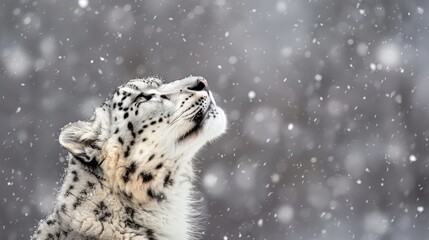   A close-up of a snow leopard with its head upright and mouth agape - obrazy, fototapety, plakaty