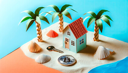 Miniature beach house with Bitcoin, ideal for illustrating crypto in vacation property investments, perfect for finance and tourism sectors.