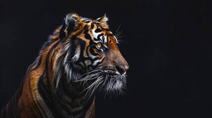   A tight shot of a tiger's face against a black backdrop, its left side softly blurred