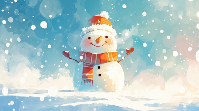 A cheerful Christmas card depicting a snowman on a snow covered background