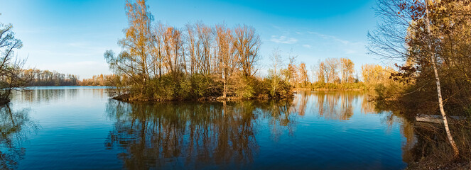 High resolution stitched spring panorama with reflections near Mamming, Isar, Dingolfing-Landau,...