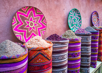Marrakesh, Morocco. Colorful spices and dyes found at souk market